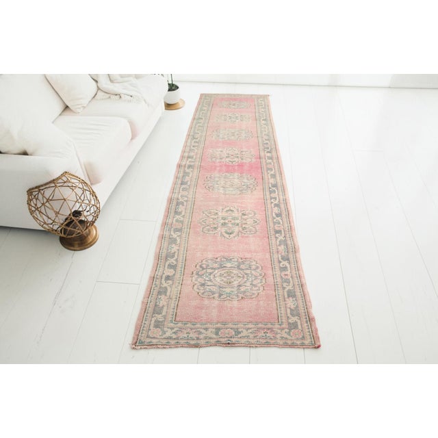 Low Pile Vintage Pink Runner Rug For Sale - Image 4 of 10