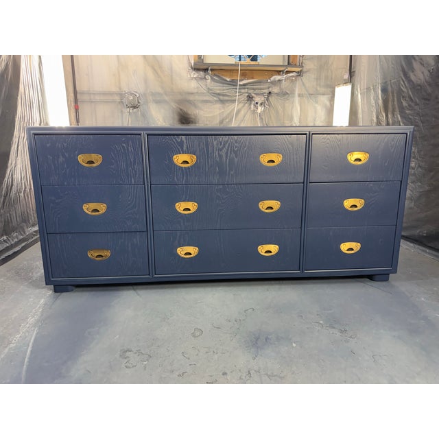 Drexel Heritage 1960s Drexel Campaign Dresser Refinished in Navy For Sale - Image 4 of 12