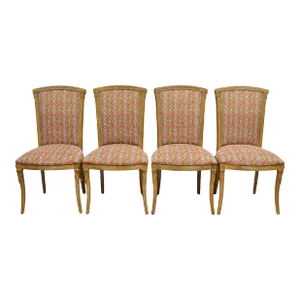Late 20th Century French Art Deco Style Carved Wood Red Upholstered Dining Side Chairs - Set of 4