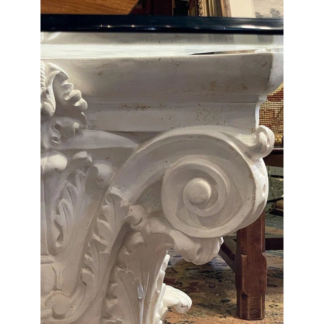 Classical Roman 1990s Clear Coated White Plaster Corinthian Column Bevelled Glass Top Coffee Table For Sale - Image 3 of 13