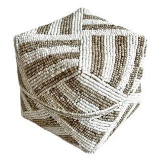 Vintage Bamboo Beaded Tan & White Striped Box X-Small For Sale