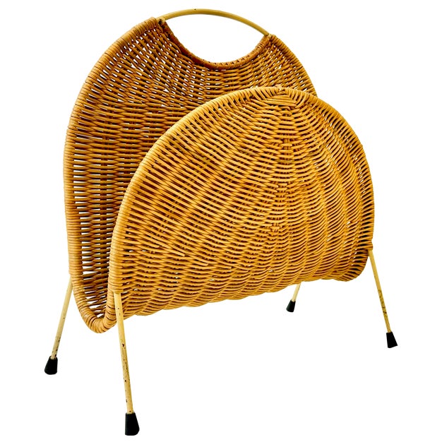 Vintage Wicker & Steel Magazine Rack, 1960s For Sale