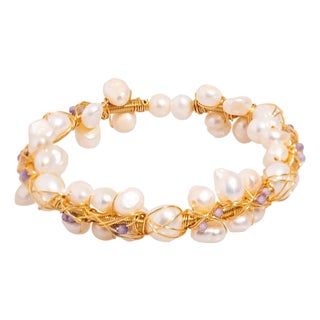 Pearl Beads & Gold Elegant Wedding Cuff Bracelet For Sale