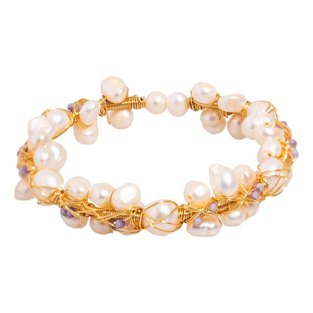 Pearl Beads & Gold Elegant Wedding Cuff Bracelet For Sale