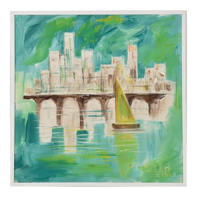Mid-century modern harbor painting signed, "LeMark." The painting deviates from others of the period with it's bright aqua...