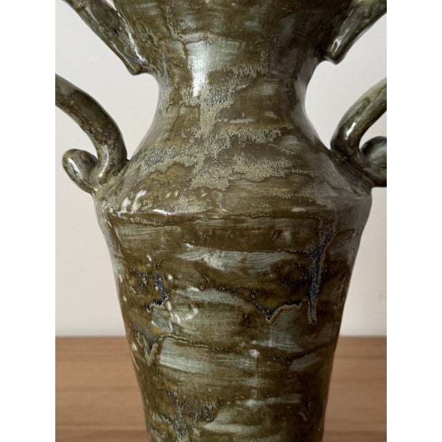 Handmade Ceramic Face Vase, Green Glazed Pottery Amphora With Handles, Unique Sculptural Vase, Rustic Home Decor For Sale - Image 4 of 6