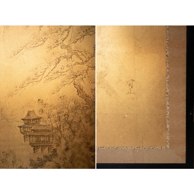 1960s Landscape With Bridge, Showa Era Japanese Painted Byobu Screen For Sale - Image 12 of 18
