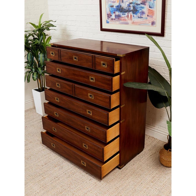 Wood Vintage Campaign Mahogany Tall Chest With Brass Hardware For Sale - Image 7 of 10