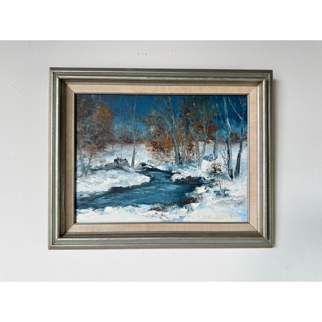 Mid-Century Modern 1980's Vintage v. Janousek Impressionist Winter Landscape Oil Painting, Framed For Sale - Image 3 of 10