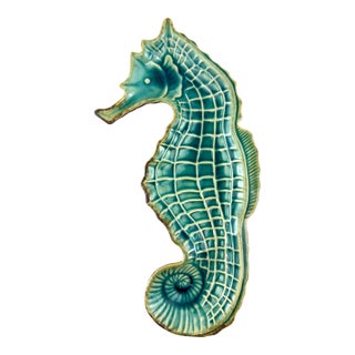 Vintage Turquoise Glazed Seahorse Dish – Mid Century Coastal Ceramic For Sale