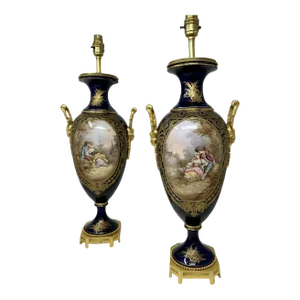 Pair Antique French Sèvres Porcelain Ormolu Gilt Bronze Dore Table Urn Lamps