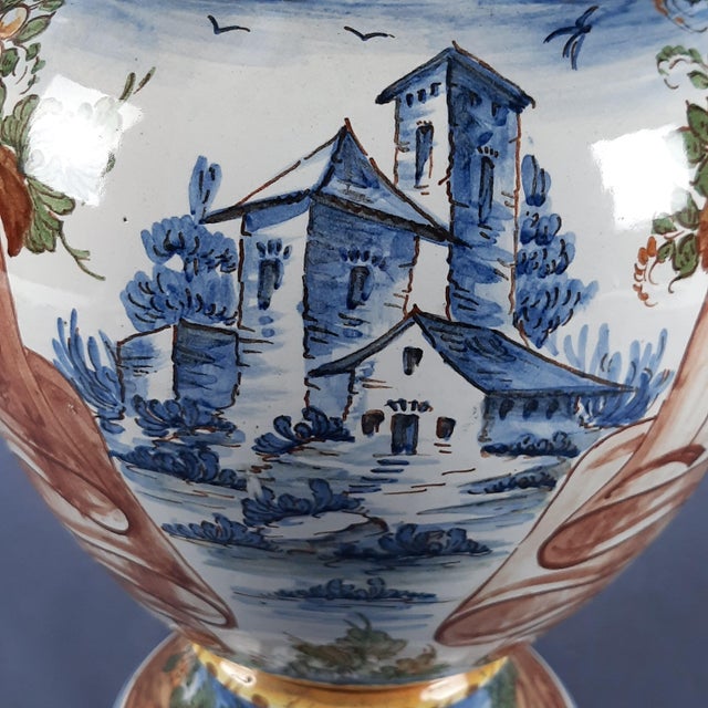 Blue Large Vintage Historiated Polychrome Majolica Vase with Zoomorphic Handles from Albissola, 20th Century For Sale - Image 8 of 14