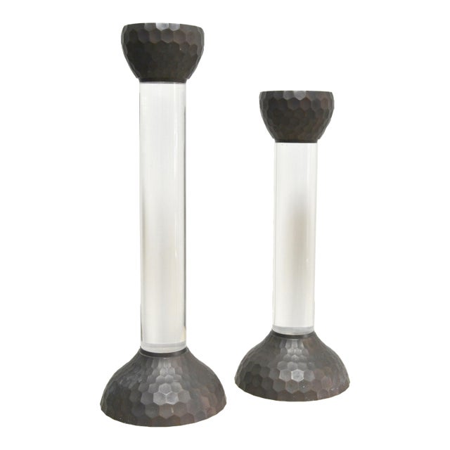 Pair of 1970s Monumental Lucite & Faceted Bronze Detail For Sale