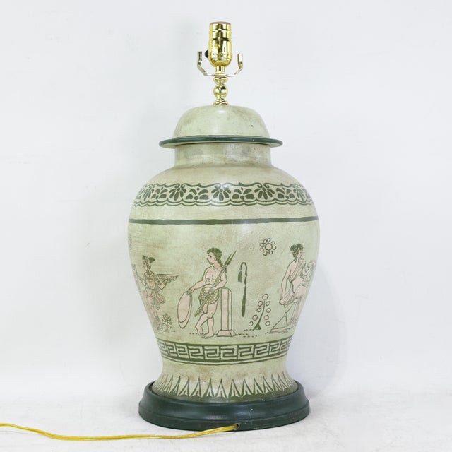 Pair of Vintage Hand-Painted Neoclassical Greek Revival Ceramic Temple Jar Table Lamps For Sale - Image 13 of 15