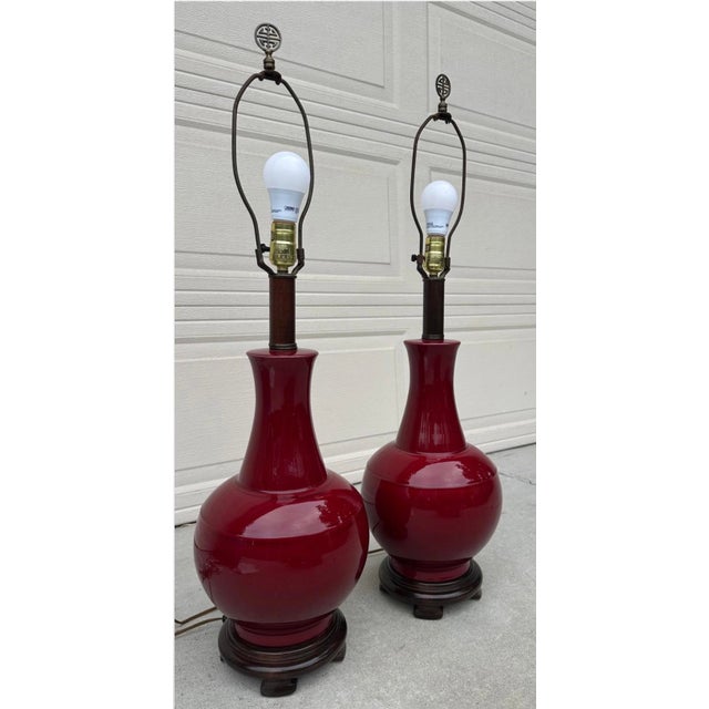 Red Pair of Vintage Chinese Oxblood Red Glazed Ceramic Table Lamps – 33.5" For Sale - Image 8 of 18