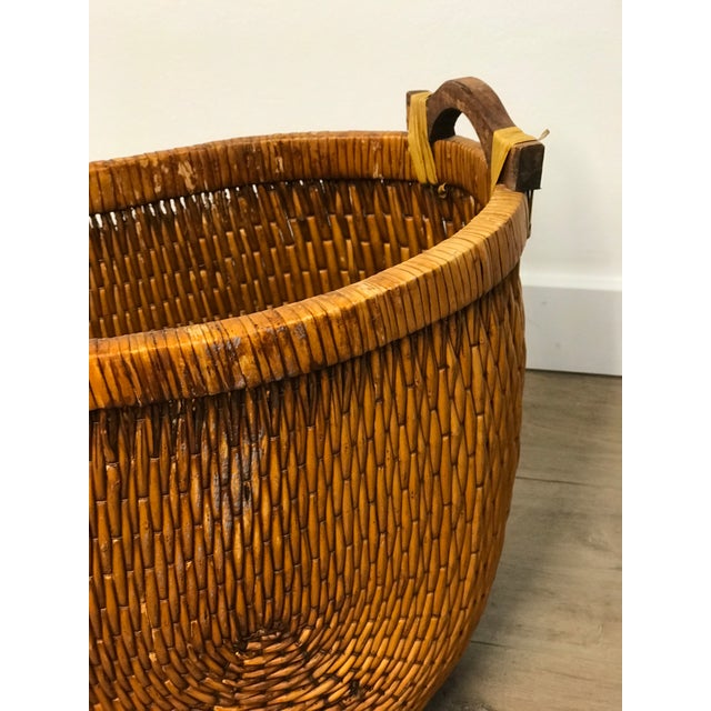 Mid20th Century Woven Reed Basket With Wood Handles Chairish