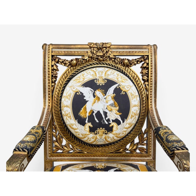 Louis Xvi, French Arm Chair, Versace Fabric, Giltwood, France, 1960s For Sale - Image 14 of 17