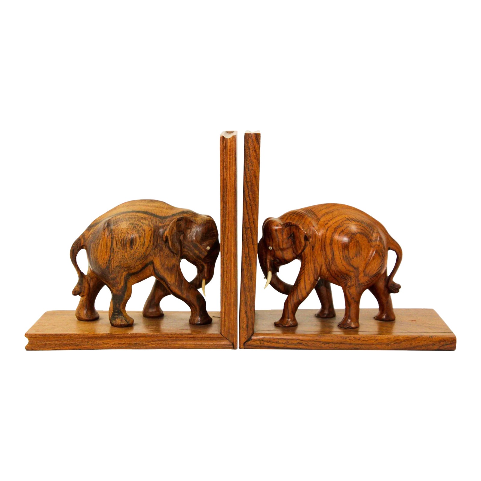 Art Deco Wooden Asian Elephant Bookends Hand Carved Rosewood India