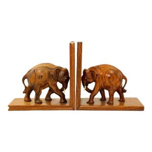 Art Deco Wooden Asian Elephant Bookends Hand Carved Rosewood India 1940s