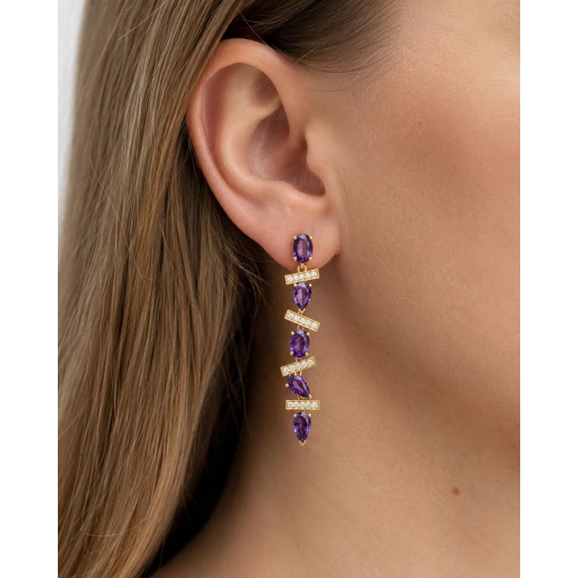 Not Yet Made - Made To Order Modern Geometric Amethysts Drop Earrings, Silver, Gold, Pair For Sale - Image 5 of 7