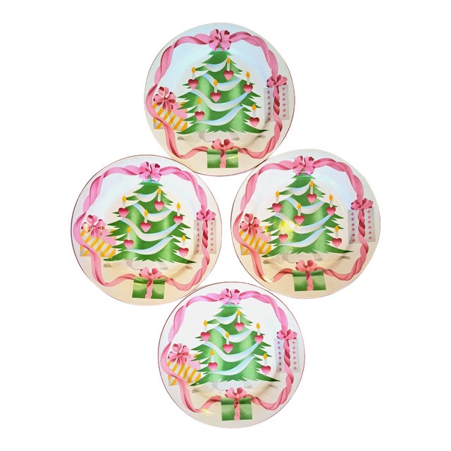 1990s Sango Pink and Green "Home for Christmas" Plates- Set of 4 For Sale