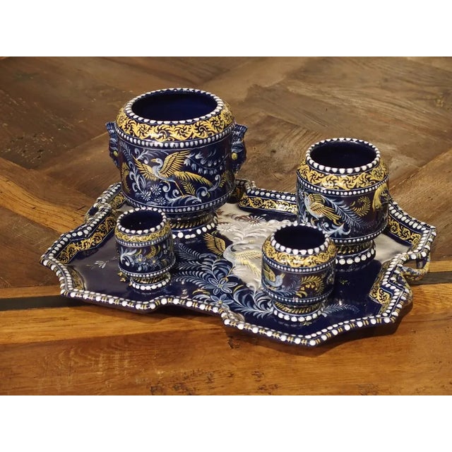 French “Bleu De Nevers” Faience Smoking Service Tray, by Montagnon For Sale - Image 12 of 13