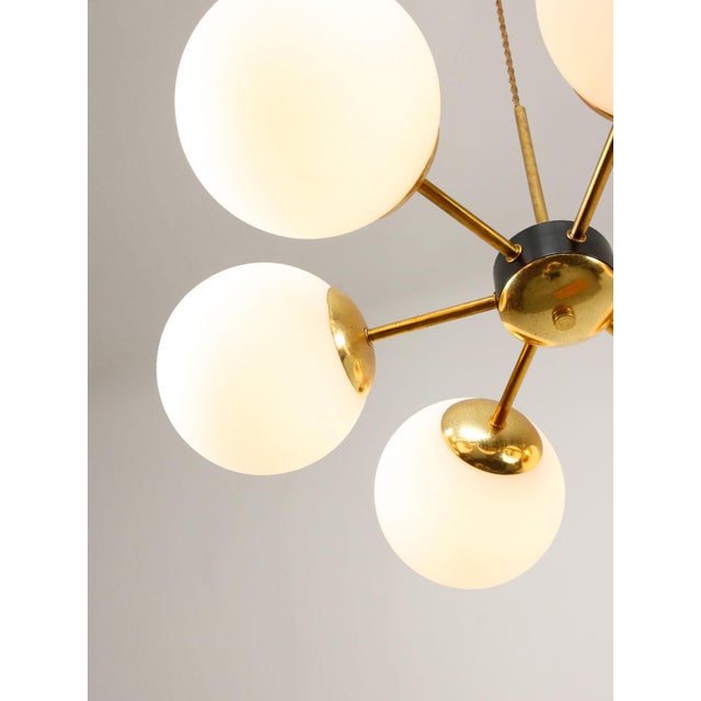 Gold Vintage Italian Six-Arm Sputnik Chandelier with Opaline Shades For Sale - Image 8 of 18