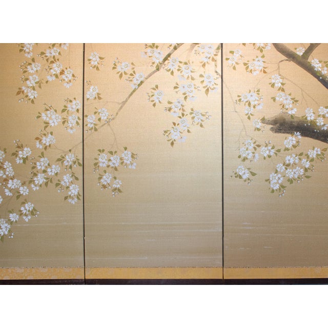 Wood 1950-1960s Shōwa Era Japanese Painted Silk Byobu Screen "Blossoming Sakura" For Sale - Image 7 of 18