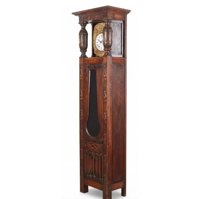 English Antique Tudor Oak Linen Fold Long Case Clock by E. Favot of Bleneau For Sale - Image 3 of 8