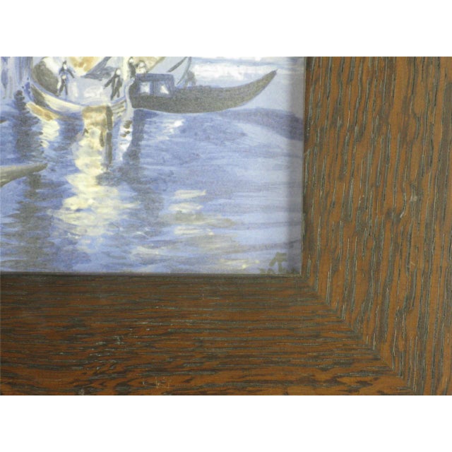 Blue 1990s Harbor Scenic Hand-Painted Tile Plaque Oak Framed Arts Crafts Richard Freiwald For Sale - Image 8 of 12