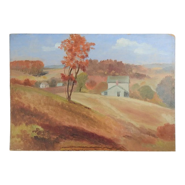 Vintage Mid Century Autumn Farmhouse Landscape Painting For Sale