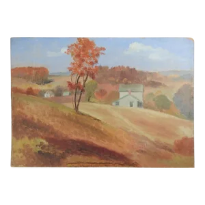 Vintage Mid Century Autumn Farmhouse Landscape Painting