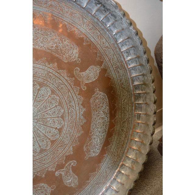 Vintage Middle Eastern Large Ornate Metal / Copper Fluted Edge Chai Tea Tray / Wall Decor For Sale - Image 6 of 14
