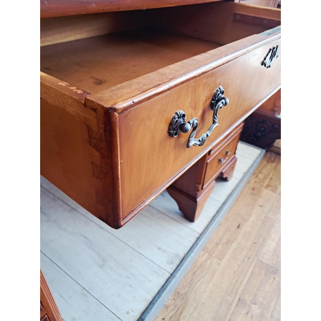 Antique Twin Pedestal Desk in Yew Wood with Leather Top, 1980s For Sale - Image 14 of 18