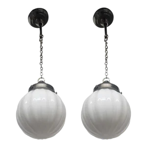 Pair of Vintage Art Deco Brass Hanging Pendant Light Ribbed Milk Glass Shade Lamp