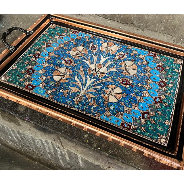 Boho Chic Hand Carved Floral Cloves Design Rectangle Tray with Handles For Sale - Image 3 of 9