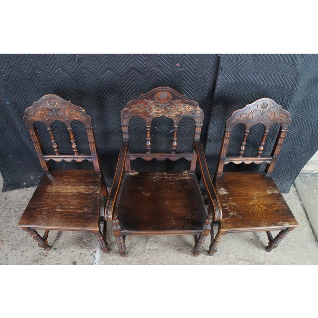 6 Antique Jacobean Spanish Revival Oak Dining Chairs Gothic Arched Back For Sale - Image 11 of 15