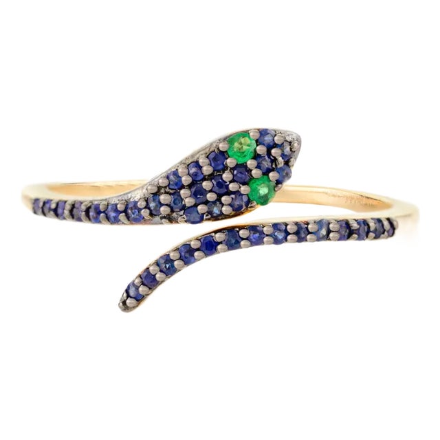 14k Solid Gold Serpent Ring With Pave Set Sapphires & Emeralds Ring Size 7 For Sale