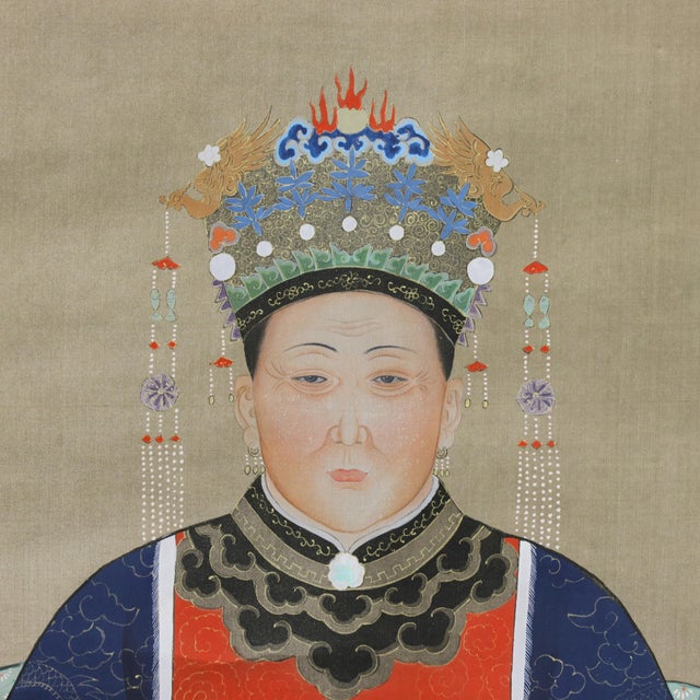 Vintage Chinese Imperial Consort Ancestor Portrait Scroll Painting on Silk in Blue Robe For Sale - Image 13 of 15