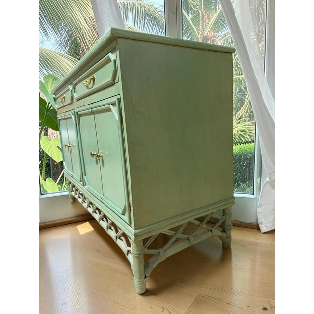 Vintage Mid-Century Ficks Reed Coastal Rattan Server / Buffet – Seafoam Green For Sale In West Palm - Image 6 of 9
