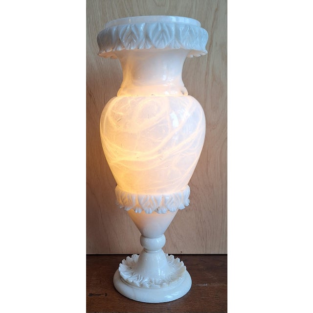 Large Vintage Mood Table Lamp in White Carved Alabaster, 1970s, in Very Good conditions. Designed 1970 to 1979 European...