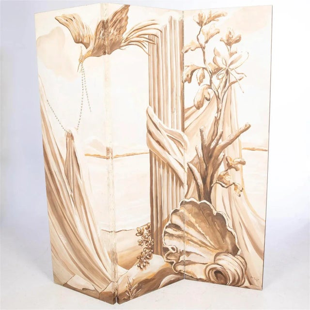 Beige Kipling Collins Neoclassical Decorative Monochrome Three Panel Hand Painted Screen For Sale - Image 8 of 8