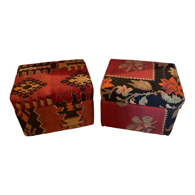 Kilim-Covered Stools With Inside Storage - Set of 2 For Sale