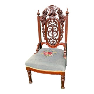 Victorian Slipper Chair Harvest Vine Carved Walnut Needlepoint Seat Attributed to Thomas Brooks. For Sale