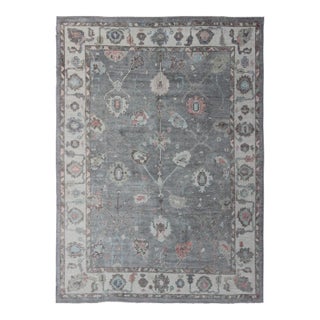 Large Turkish Modern Oushak Rug in Gray, Pink, Neutrals and All-Over Design For Sale