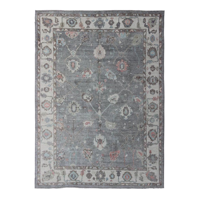 Large Turkish Modern Oushak Rug in Gray, Pink, Neutrals and All-Over Design For Sale