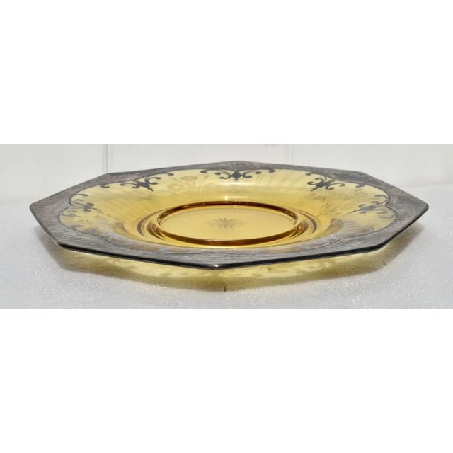Antique Shaped Amber Etched & Cut Glass Decorative Plate W/Silver Overlay For Sale - Image 11 of 13