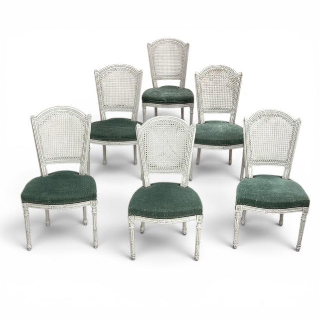 Set of Six Neoclassical Painted Swedish Chairs With Caned Backs & Mohair Seats For Sale In Dallas - Image 6 of 16