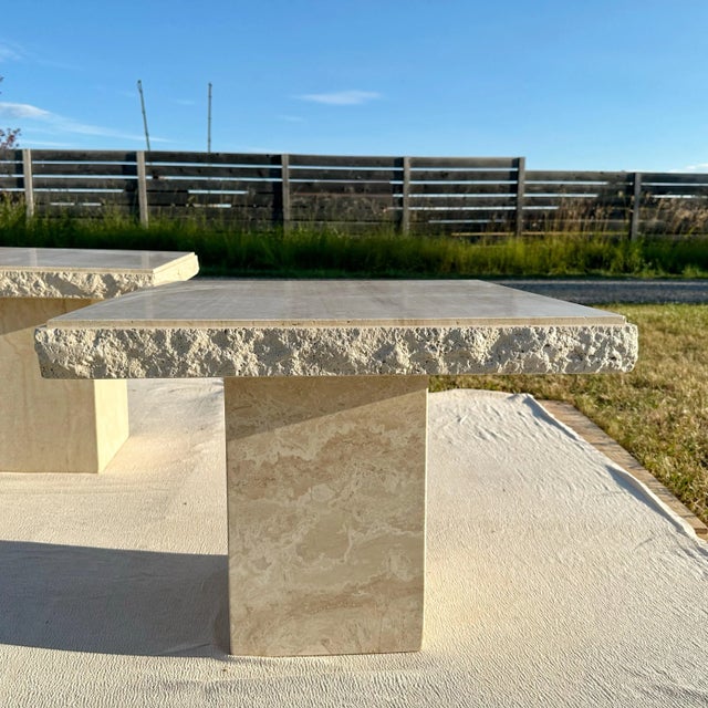 Beige Rough Cut Edge Travertine Side Tables - A Pair For Sale - Image 8 of 12