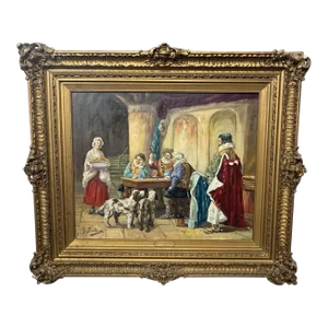 Late 19th Century Antique Gilt Framed Oil Painting Canvas Interior Scene After the Dual G. Baldero